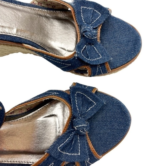 Denim jeans strappy wedges size 10.5 US Open back open toes bow tie - Picture 4 of 13